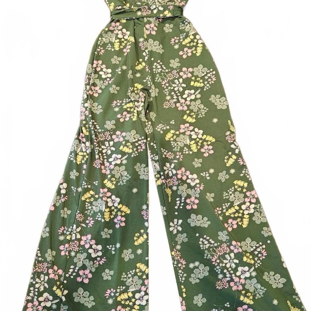 Forever 21 Green Floral Pantsuit Wide leg Spring V Neck Boho Size S - Picture 2 of 14